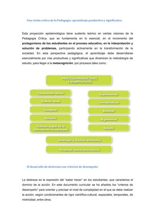 Una visión crítica de la Pedagogía: aprendizaje productivo y significativo
Esta proyección epistemológica tiene sustento teórico en ciertas visiones de la
Pedagogía Crítica, que se fundamenta en lo esencial, en el incremento del
protagonismo de los estudiantes en el proceso educativo, en la interpretación y
solución de problemas, participando activamente en la transformación de la
sociedad. En esta perspectiva pedagógica, el aprendizaje debe desarrollarse
esencialmente por vías productivas y significativas que dinamicen la metodología de
estudio, para llegar a la metacognición, por procesos tales como:
El desarrollo de destrezas con criterios de desempeño
La destreza es la expresión del “saber hacer” en los estudiantes, que caracteriza el
dominio de la acción. En este documento curricular se ha añadido los “criterios de
desempeño” para orientar y precisar el nivel de complejidad en el que se debe realizar
la acción, según condicionantes de rigor científico-cultural, espaciales, temporales, de
motricidad, entre otros.
 