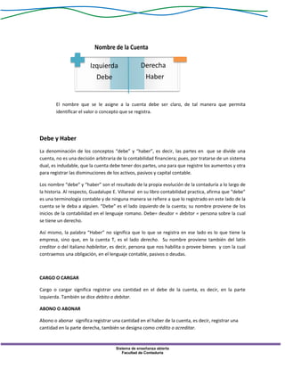Sistema de enseñanza abierta
Facultad de Contaduría
El nombre que se le asigne a la cuenta debe ser claro, de tal manera que permita
identificar el valor o concepto que se registra.
Debe y Haber
La denominación de los conceptos “debe” y “haber”, es decir, las partes en que se divide una
cuenta, no es una decisión arbitraria de la contabilidad financiera; pues, por tratarse de un sistema
dual, es indudable, que la cuenta debe tener dos partes, una para que registre los aumentos y otra
para registrar las disminuciones de los activos, pasivos y capital contable.
Los nombre “debe” y “haber” son el resultado de la propia evolución de la contaduría a lo largo de
la historia. Al respecto, Guadalupe E. Villareal en su libro contabilidad practica, afirma que “debe”
es una terminología contable y de ninguna manera se refiere a que lo registrado en este lado de la
cuenta se le deba a alguien. “Debe” es el lado izquierdo de la cuenta; su nombre proviene de los
inicios de la contabilidad en el lenguaje romano. Debe= deudor = debitor = persona sobre la cual
se tiene un derecho.
Así mismo, la palabra “Haber” no significa que lo que se registra en ese lado es lo que tiene la
empresa, sino que, en la cuenta T, es el lado derecho. Su nombre proviene también del latín
creditor o del italiano habileitor, es decir, persona que nos habilita o provee bienes y con la cual
contraemos una obligación, en el lenguaje contable, pasivos o deudas.
CARGO O CARGAR
Cargo o cargar significa registrar una cantidad en el debe de la cuenta, es decir, en la parte
izquierda. También se dice debito o debitar.
ABONO O ABONAR
Abono o abonar significa registrar una cantidad en el haber de la cuenta, es decir, registrar una
cantidad en la parte derecha, también se designa como crédito o acreditar.
Izquierda
Debe
Derecha
Haber
 