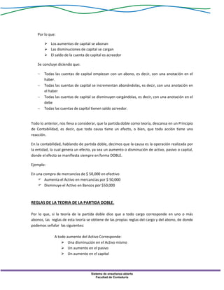 Sistema de enseñanza abierta
Facultad de Contaduría
Por lo que:
 Los aumentos de capital se abonan
 Las disminuciones de capital se cargan
 El saldo de la cuenta de capital es acreedor
Se concluye diciendo que:
 Todas las cuentas de capital empiezan con un abono, es decir, con una anotación en el
haber.
 Todas las cuentas de capital se incrementan abonándolas, es decir, con una anotación en
el haber
 Todas las cuentas de capital se disminuyen cargándolas, es decir, con una anotación en el
debe
 Todas las cuentas de capital tienen saldo acreedor.
Todo lo anterior, nos lleva a considerar, que la partida doble como teoría, descansa en un Principio
de Contabilidad, es decir, que toda causa tiene un efecto, o bien, que toda acción tiene una
reacción.
En la contabilidad, hablando de partida doble, decimos que la causa es la operación realizada por
la entidad, la cual genera un efecto, ya sea un aumento o disminución de activo, pasivo o capital,
donde el efecto se manifiesta siempre en forma DOBLE.
Ejemplo:
En una compra de mercancías de $ 50,000 en efectivo
 Aumenta el Activo en mercancías por $ 50,000
 Disminuye el Activo en Bancos por $50,000
REGLAS DE LA TEORIA DE LA PARTIDA DOBLE.
Por lo que, si la teoría de la partida doble dice que a todo cargo corresponde en uno o más
abonos, las reglas de esta teoría se obtiene de las propias reglas del cargo y del abono, de donde
podemos señalar las siguientes:
A todo aumento del Activo Corresponde:
 Una disminución en el Activo mismo
 Un aumento en el pasivo
 Un aumento en el capital
 