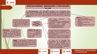 MENU

Informacionalismo, globalización e interconexión
en red
El informacionalismo como paradigma tecnológico que actualmente está
sustituyendo al industrialismo como matriz dominante de las sociedades del siglo
XXI. Se basa en el aumento de la capacidad humana de procesamiento de la
información en torno a las revoluciones parejas en microelectrónica e ingeniería
genética.
Esta nueva economía apareció en
el último cuarto del siglo xx
porque es aquí cuando empezó la
revolución de la tecnología. Se
caracteriza por tres rasgos que
la definen.

Informacional:
se componen esta
nueva economía (empresas, naciones,
regiones) y su productividad y
competitividad dependen directamente
del poder que tengan para generar,
procesar y aplicar la información
basada en el conocimiento.

Tres
rasgos
distintivos
de
Informacionalismo:
1. Capacidad de estas tecnologías para
ampliar por si mismas el procesamiento de
información
en
cuanto
a
volumen, complejidad y velocidad.
2. Su capacidad recombinatoria.
3. Su flexibilidad distributiva.

Apuntes del
Sociólogo
Manuel Castells
Oliván

Conexión en red: a
través de una red global
de
interacción
empresarial, es donde se
va
a
desarrollar
la
productividad
y
la
competencia.

Objetivo:
- Busca mayor beneficio.
- Mayor Productividad (trabajo y
capital.
- Globalización comercial y
productiva.
- Obtención del apoyo político para
el cambio.

Lo que caracteriza al informacionalismo es
el papel central del conocimiento y la
información en la generación de riqueza,
poder y significado.
El conocimiento y la información han sido
esenciales en muchas de las sociedades
históricamente conocidas, si no en todas.

Global: La producción, el consumo y su
circulación, se encuentran dentro de una
organización a escala global, bien entre los
agentes directamente o por medio de una
red de vínculos entre éstos.

Lo
nuevo
es
la
tecnología
del
procesamiento de la información y el
impacto de esta tecnología en la
generación y aplicación del conocimiento.
Por esta razón no me sirvo de la noción de
sociedad de la información y prefiero el
concepto de informacionalismo.

SIGUIENTE

ANTERIOR

SALIR

GERENCIA DEL CONOCIMIENTO
Y LA TECNOLOGíA

 