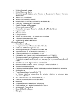    Misión alimentaria Mercal
      Misión Madres del Barrio
      El Instituto para la Defensa de las Personas en el Acceso a los Bienes y Servicios.
       INDEPABIS
     ¿Qué es una cooperativa?
     ¿Cómo conformar una comuna?
     Organización Nacional de Trasplante de Venezuela. ONTV
     Pasos para formar un consejo comunal
     Escuela Técnicas Robinsonianas
     ¿Cómo conformar una ONG?
     Conozca los pasos para obtener los subsidios de la Misión Hábitat
     Seguro escolar
     Proyecto de vida
     Consejo comunal
     Medios de comunicación y su influencia en la familia
     Vacunas necesarias según la edad
     Misión Barrio Adentro Deportivo
Información general
     Misión Barrio Adentro
     La empresa mixta socialista madres del ALBA S.A
     Fundación Instituto de Ingeniería FII
     Instituto postal telegráfico de Venezuela IPOSTEL
     Superintendencia de inversiones extranjeras SIEX
     Empresa mixta socialista porcinos del ALBA
     Corporación para el desarrollo científico y tecnológico CODECYT
     Empresa comercializadora de insumos y servicios agrícolas. ECISA
     Centro de investigaciones del estado para la producción experimental agroindustrial.
       CIEPE
     Ministerio del poder Popular para la Alimentación
     Observatorio Nacional de Ciencia, Tecnología e Innovación ONCTI
     Misión revolución energética
     Compañía anónima regional sistema hidráulica planicie de Maracaibo (Planimara)
     Misión ciencia
     Venezolana de industria tecnológica VIT
     La fabrica socialista recuperadora de tuberías petroleras y estructura para
       edificaciones Kariñas
     Red de trasmisiones de Venezuela REDTV C.A
     Fondo de reconversión industrial FONDOIN
     Orinoquia
     Productos forestales de Oriente C.A Proforca
     Fondo nacional para la ciencia y tecnología Fonacit
     Azucarera pío Tamayo C.A
     Banco del Pueblo soberano
     Hidropáez
 