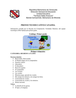 República Bolivariana de Venezuela
                              Dirección General de Educación
                                     Unidad Educativa
                                 “Territorio Delta Amacuro”
                        Barola-Carrizal-Edo. Bolivariano de Miranda



                PROYECTO EDUCATIVO CANAIMA
Información extraída por la Docente de Computación: Fernández Damelys; del equipo
tecnológico (Mini laptop) para primer grado.

                             Catálogo Primer grado




                               Primer trimestre
CATEGORIA: REGRESO A CLASES

Recursos digitales
    Bienvenidos, Bienvenidas
    El Mundo mágico de la computadora
    Nuestros valores
    Abecedario
    El abecedario
    Busca los iguales
    El computador
    Las Vocales
    Las vocales
    Mientras juego, aprendo las vocales.
    Mis amigos los números, mis amigas las letras.
    Conociendo las vocales.
    Conociendo las vocales y los números.
    Himno nacional.
Videos
    La abuelita de las garzas.
    El tigre y el cangrejo.
 