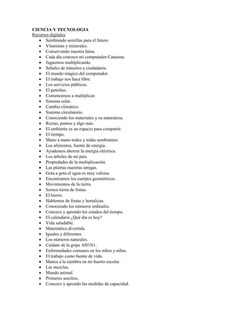 CIENCIA Y TECNOLOGIA
Recursos digitales
    Sembrando semillas para el futuro.
    Vitaminas y minerales.
    Conservando nuestra fama.
    Cada día conozco mi computador Canaima.
    Juguemos multiplicando.
    Señales de tránsitos y ciudadanía.
    El mundo mágico del computador.
    El trabajo nos hace libre.
    Los servicios públicos.
    El petróleo.
    Comencemos a multiplicar.
    Sistema solar.
    Cambio climático.
    Sistema circulatorio.
    Conociendo los materiales y su naturaleza.
    Rectas, puntos y algo más.
    El ambiente es un espacio para compartir.
    El tiempo.
    Mano a mano todos y todas sembramos.
    Los alimentos, fuente de energía.
    Ayudemos ahorrar la energía eléctrica.
    Los árboles de mi país.
    Propiedades de la multiplicación.
    Las plantas nuestras amigas.
    Gota a gota el agua es muy valiosa.
    Encontramos los cuerpos geométricos.
    Movimientos de la tierra.
    Somos tierra de frutas.
    El hierro.
    Hablemos de frutas y hortalizas.
    Conociendo los números ordinales.
    Conozco y aprendo los estados del tiempo.
    El calendario ¿Qué día es hoy?
    Vida saludable.
    Matemática divertida.
    Iguales y diferentes.
    Los números naturales.
    Cuídate de la gripe AH1N1.
    Enfermedades comunes en los niños y niñas.
    El trabajo como fuente de vida.
    Manos a la siembra en mi huerto escolar.
    Las mezclas.
    Mundo animal.
    Primeros auxilios.
    Conozco y aprendo las medidas de capacidad.
 