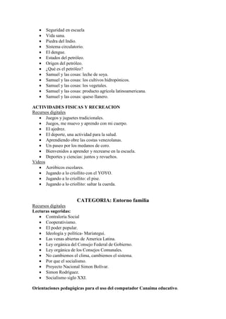    Seguridad en escuela
      Vida sana.
      Piedra del Indio.
      Sistema circulatorio.
      El dengue.
      Estados del petróleo.
      Origen del petróleo.
      ¿Qué es el petróleo?
      Samuel y las cosas: leche de soya.
      Samuel y las cosas: los cultivos hidropónicos.
      Samuel y las cosas: los vegetales.
      Samuel y las cosas: producto agrícola latinoamericana.
      Samuel y las cosas: queso llanero.

ACTIVIDADES FISICAS Y RECREACION
Recursos digitales
    Juegos y juguetes tradicionales.
    Juegos, me muevo y aprendo con mi cuerpo.
    El ajedrez.
    El deporte, una actividad para la salud.
    Aprendiendo obre las costas venezolanas.
    Un paseo por los medanos de coro.
    Bienvenidos a aprender y recrearse en la escuela.
    Deportes y ciencias: juntos y revueltos.
Videos
    Aeróbicos escolares.
    Jugando a lo criollito con el YOYO.
    Jugando a lo criollito: el pise.
    Jugando a lo criollito: saltar la cuerda.


                       CATEGORIA: Entorno familia
Recursos digitales
Lecturas sugeridas:
    Contraloría Social
    Cooperativismo.
    El poder popular.
    Ideología y política- Mariategui.
    Las venas abiertas de America Latina.
    Ley orgánica del Consejo Federal de Gobierno.
    Ley orgánica de los Consejos Comunales.
    No cambiemos el clima, cambiemos el sistema.
    Por que el socialismo.
    Proyecto Nacional Simon Bolívar.
    Simon Rodríguez.
    Socialismo siglo XXI.

Orientaciones pedagógicas para el uso del computador Canaima educativo.
 