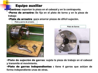 Equipo auxiliar
•Centros: soportan la pieza en el cabezal y en la contrapunta.
•Perno de arrastre: Se fija en el plato de torno y en la pieza de
trabajo
•Plato de arrastre :para amarrar piezas de difícil sujeción.
Plato y perno de arrastre.
•Plato de sujeción de garras: sujeta la pieza de trabajo en el cabezal
y transmite el movimiento.
•Plato de garras independientes : tiene 4 garras que actúan de
forma independiente unas de otras.
Plato de Garras
 