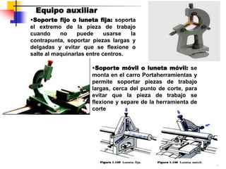 Equipo auxiliar
•Soporte fijo o luneta fija: soporta
el extremo de la pieza de trabajo
cuando no puede usarse la
contrapunta, soportar piezas largas y
delgadas y evitar que se flexione o
salte al maquinarlas entre centros.
•Soporte móvil o luneta móvil: se
monta en el carro Portaherramientas y
permite soportar piezas de trabajo
largas, cerca del punto de corte, para
evitar que la pieza de trabajo se
flexione y separe de la herramienta de
corte
 