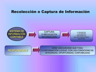 Recolección o Captura de Información




 SISTEMA DE     CAPTURA                      A TRAVES DE
INFORMACIÓN   O RECOLECTA                     LOS MEDIOS
                                             QUE PARA C/U
  CONTABLE    INFORMACIÓN                DE LAS OPERACIONES
                                               SE DEFINA




                       DEBE ASEGURARSE QUE TODA
RESPONSABLE   LA INFORMACIÓN LLEGUE, CON LAS CONDICIONE DE:
                  INTEGRIDAD, OPORTUNIDAD, CONFIABILIDAD
 