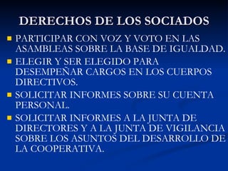 DERECHOS DE LOS SOCIADOS PARTICIPAR CON VOZ Y VOTO EN LAS ASAMBLEAS SOBRE LA BASE DE IGUALDAD. ELEGIR Y SER ELEGIDO PARA DESEMPEÑAR CARGOS EN LOS CUERPOS DIRECTIVOS.  SOLICITAR INFORMES SOBRE SU CUENTA PERSONAL. SOLICITAR INFORMES A LA JUNTA DE DIRECTORES Y A LA JUNTA DE VIGILANCIA SOBRE LOS ASUNTOS DEL DESARROLLO DE LA COOPERATIVA. 