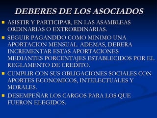 DEBERES DE LOS ASOCIADOS ASISTIR Y PARTICIPAR, EN LAS ASAMBLEAS ORDINARIAS O EXTRORDINARIAS. SEGUIR PAGANDDO COMO MINIMO UNA APORTACION MENSUAL. ADEMAS, DEBERA INCREMENTAR ESTAS APORTACIONES MEDIANTES PORCENTAJES ESTABLECIDOS POR EL REGLAMENTO DE CREDITO. CUMPLIR CON SUS OBLIGACIONES SOCIALES CON APORTES ECONOMICOS, INTELECTUALES Y MORALES. DESEMPEÑAR LOS CARGOS PARA LOS QUE FUERON ELEGIDOS. 