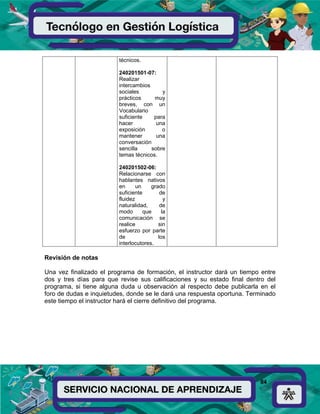 84
técnicos.
240201501-07:
Realizar
intercambios
sociales y
prácticos muy
breves, con un
Vocabulario
suficiente para
hacer una
exposición o
mantener una
conversación
sencilla sobre
temas técnicos.
240201502-06:
Relacionarse con
hablantes nativos
en un grado
suficiente de
fluidez y
naturalidad, de
modo que la
comunicación se
realice sin
esfuerzo por parte
de los
interlocutores.
Revisión de notas
Una vez finalizado el programa de formación, el instructor dará un tiempo entre
dos y tres días para que revise sus calificaciones y su estado final dentro del
programa, si tiene alguna duda u observación al respecto debe publicarla en el
foro de dudas e inquietudes, donde se le dará una respuesta oportuna. Terminado
este tiempo el instructor hará el cierre definitivo del programa.
 