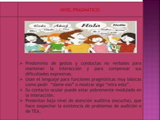 NIVEL PRAGMÁTICO:
 Predominio de gestos y conductas no verbales para
mantener la interacción y para compensar sus
dificultades expresivas.
 Usan el lenguaje para funciones pragmáticas muy básicas
como pedir “dame eso” o mostrar algo “mira esto”.
 Su contacto ocular puede estar pobremente modulado en
la interacción.
 Presentan bajo nivel de atención auditiva (escucha), que
hace sospechar la existencia de problemas de audición o
de TEA.
 