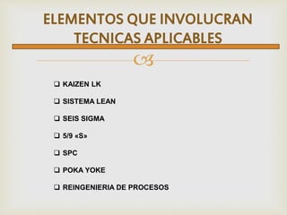 ELEMENTOS QUE INVOLUCRAN 
TECNICAS APLICABLES 
 
 KAIZEN LK 
 SISTEMA LEAN 
 SEIS SIGMA 
 5/9 «S» 
 SPC 
 POKA YOKE 
 REINGENIERIA DE PROCESOS 
 
