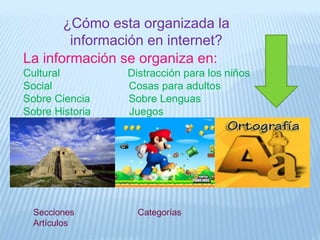 ¿Cómo esta organizada la
información en internet?
La información se organiza en:
Cultural Distracción para los niños
Social Cosas para adultos
Sobre Ciencia Sobre Lenguas
Sobre Historia Juegos
Secciones Categorías
Artículos
 