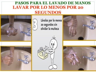 PASOS PARA EL LAVADO DE MANOS LAVAR POR LO MENOS POR 20 SEGUNDOS 