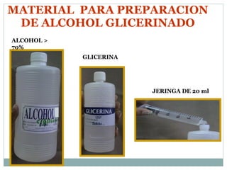 MATERIAL  PARA PREPARACION DE ALCOHOL GLICERINADO ALCOHOL  > 70% GLICERINA JERINGA DE 20 ml 