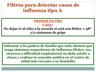Filtros para detectar casos de influenza tipo A  PRIMER FILTRO CASA :   No dejar ir al niño a la escuela si está con fiebre ≥ 38 º  y/o síntomas de gripe Informar a los padres de familia que todo alumno que tenga síntomas sospechosos de influenza (fiebre, tos, rinorrea o dificultad respiratoria) no debe asistir a clases y realizar la consulta médica en el centro de salud más cercano a su domicilio 