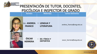 PRESENTACIÓN DE TUTOR, DOCENTES,
PSICÓLOGA E INSPECTOR DE GRADO
Nombre Materia(s) Correo electrónico
Lic. ANDREA
FRANCO
• LENGUA Y
LITERATURA
andrea_franco@ang.edu.ec
ÓSCAR
HERRERA
• ED. FÍSICA Y
DEPORTES
oscar_herrera@ang.edu.ec
 