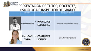 PRESENTACIÓN DE TUTOR, DOCENTES,
PSICÓLOGA E INSPECTOR DE GRADO
Nombre Materia(s) Correo electrónico
ANDRÉS OLMEDO
• PROYECTOS
ESCOLARES
alexander-olmedo@ang.edu.ec
Lic. JOAN
TAPIA
• COMPUTER
SCIENCE
joan_tapia@ang.edu.ec
 