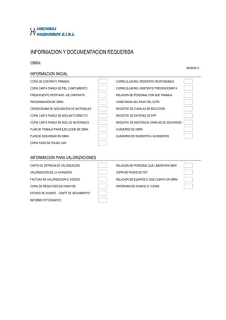 INFORMACION Y DOCUMENTACION REQUERIDA
OBRA:
                                                                                         06/08/2012
INFORMACION INICIAL
COPIA DE CONTRATO FIRMADO                  CURRICULUM ING. RESIDENTE/ RESPONSABLE

COPIA CARTA FIANZA DE FIEL CUMPLIMIENTO    CURRICULUM ING. ASISTENTE/ PREVENCIONISTA

PRESUPUESTO OFERTADO - DE CONTRATO         RELACION DE PERSONAL CON QUE TRABAJA

PROGRAMACION DE OBRA                       CONSTANCIA DEL PAGO DEL SCTR

CRONOGRAMA DE ADQUISICION DE MATERIALES    REGISTRO DE CHARLAS DE INDUCCION

COPIA CARTA FIANZA DE ADELANTO DIRECTO     REGISTRO DE ENTRGAS DE EPP

COPIA CARTA FIANZA DE ADQ. DE MATERIALES   REGISTRO DE ASISTENCIA CHARLAS DE SEGURIDAD

PLAN DE TRABAJO PARA EJECUCION DE OBRA     CUADERNO DE OBRA

PLAN DE SEGURIDAD EN OBRA                  CUADERNO DE INCIDENTES / ACCIDENTES

COPIA PAGO DE POLIZA CAR



INFORMACION PARA VALORIZACIONES
CARTA DE ENTREGA DE VALORIZACIÓN           RELACION DE PERSONAL QUE LABORA EN OBRA

VALORIZACION DE LO AVANZADO                COPIA DE PAGOS DE PDT

FACTURA DE VALORIZACION C/ CODIGO          RELACION DE EQUIPOS C/ QUE CUENTA EN OBRA

COPIA DE RESULTADO DE ENSAYOS              PROGRAMA DE AVANCE C/ 15 DIAS

ESTADO DE AVANCE. - GANTT DE SEGUIMIENTO

INFORME FOTOGRAFICO
 