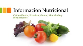 Información Nutricional
Carbohidratos, Proteínas, Grasas, Kilocalorías y
Bioelementos
 
