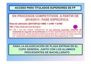 ACCESO PARA TITULADOS SUPERIORES DE FP


   EN PROCESOS COMPETITIVOS A PARTIR DE
          2010/2011: FASE ESPECÍFICA
Nota de admisión (2011/2012)= NMC + a×M1 + b×M2
                 (         )
NMC = Nota media del ciclo formativo                                          N
M1, M2 = Las dos mejores calificaciones de dos ejercicios superados (materias de
   modalidad de segundo de bachillerato) de la fase específica que proporcionen mejor
   nota de admisión. Cada estudiante podrá examinarse de un máximo de cuatro ejercicios
   a,b = parámetros de ponderación de las materias de la fase específica (0,1-0,2)




    PARA LA ADJUDICACIÓN DE PLAZA ENTRAN EN EL
       CUPO GENERAL JUNTO CON LOS ALUMNOS
            PROCEDENTES DE BACHILLERATO
 