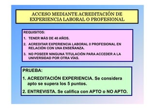 ACCESO MEDIANTE ACREDITACIÓN DE
   EXPERIENCIA LABORAL O PROFESIONAL

REQUISITOS:
1. TENER MÁS DE 40 AÑOS.
2. ACREDITAR EXPERIENCIA LABORAL 0 PROFESIONAL EN
   RELACIÓN CON UNA ENSEÑANZA.
3.
3 NO POSEER NINGUNA TITULACIÓN PARA ACCEDER A LA
   UNIVERSIDAD POR OTRA VÍAS.


PRUEBA:
1. ACREDITACIÓN EXPERIENCIA. Se considera
   apto se supera los 5 puntos.
2. ENTREVISTA.
2 ENTREVISTA Se califica con APTO o NO APTO.
                                       APTO
 