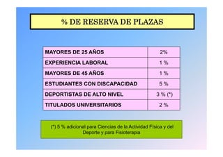 % DE RESERVA DE PLAZAS


MAYORES DE 25 AÑOS                                    2%

EXPERIENCIA LABORAL
        C      O                                      1%

MAYORES DE 45 AÑOS                                    1%

ESTUDIANTES CON DISCAPACIDAD                          5%

DEPORTISTAS DE ALTO NIVEL                           3 % (*)
                                                        ()

TITULADOS UNIVERSITARIOS                              2%



 (*) 5 % adicional para Ciencias de la Actividad Física y del
                Deporte y para Fisioterapia
 