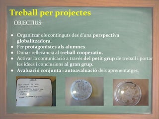Treball per projectes
OBJECTIUS:
● Organitzar els continguts des d’una perspectiva
globalitzadora.
● Fer protagonistes als alumnes.
● Donar rellevància al treball cooperatiu.
● Activar la comunicació a través del petit grup de treball i portar
les idees i conclusions al gran grup.
● Avaluació conjunta i autoavaluació dels aprenentatges.
 