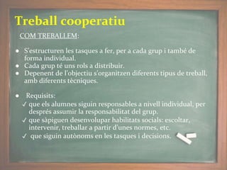 Treball cooperatiu
COM TREBALLEM:
● S’estructuren les tasques a fer, per a cada grup i també de
forma individual.
● Cada grup té uns rols a distribuir.
● Depenent de l’objectiu s’organitzen diferents tipus de treball,
amb diferents tècniques.
● Requisits:
✔ que els alumnes siguin responsables a nivell individual, per
després assumir la responsabilitat del grup.
✔ que sàpiguen desenvolupar habilitats socials: escoltar,
intervenir, treballar a partir d’unes normes, etc.
✔ que siguin autònoms en les tasques i decisions.
 