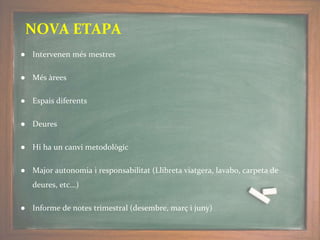 ● Intervenen més mestres
● Més àrees
● Espais diferents
● Deures
● Hi ha un canvi metodològic
● Major autonomia i responsabilitat (Llibreta viatgera, lavabo, carpeta de
deures, etc...)
● Informe de notes trimestral (desembre, març i juny)
NOVA ETAPA
 
