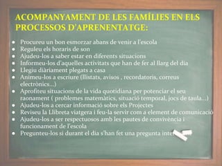 ● Procureu un bon esmorzar abans de venir a l’escola
● Reguleu els horaris de son
● Ajudeu-los a saber estar en diferents situacions
● Informeu-los d’aquelles activitats que han de fer al llarg del dia
● Llegiu diàriament plegats a casa
● Animeu-los a escriure (llistats, avisos , recordatoris, correus
electrònics...)
● Aprofiteu situacions de la vida quotidiana per potenciar el seu
raonament ( problemes matemàtics, situació temporal, jocs de taula...)
● Ajudeu-los a cercar informació sobre els Projectes
● Reviseu la Llibreta viatgera i feu-la servir com a element de comunicació
● Ajudeu-los a ser respectuosos amb les pautes de convivència i
funcionament de l’escola
● Pregunteu-los si durant el dia s’han fet una pregunta interessant
ACOMPANYAMENT DE LES FAMÍLIES EN ELS
PROCESSOS D’APRENENTATGE:
 