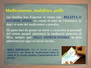Medicaments, malalties, polls
Les famílies han d’aportar al centre una RECEPTA O
INFORME MÈDIC on consti el nom de l’alumne/a, la
dosi i el nom del medicament a prendre.
Els pares han de portar un escrit o s’autoritzi al personal
del centre perquè administri la medicació prescrita al
fill/a, sempre que SIGUI IMPRESCINDIBLE la seva
administració sigui en horari escolar.
MOLT IMPORTANT: Des de l'escola no podem
administrar cap mena de medicament sense la
còpia de la recepta mèdica i l'autorització de la
família.
 