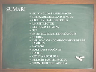  BENVINGUDA I PRESENTACIÓ
 DELEGADES/DELEGATS D’AULA
 CICLE INICIAL : OBJECTIUS
 L’HÀBIT LECTOR
 RECURSOS HUMANS
 SE...