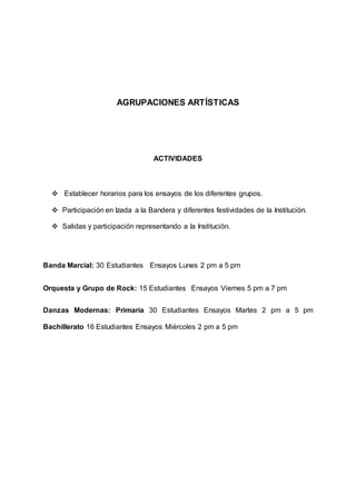 AGRUPACIONES ARTÍSTICAS
ACTIVIDADES
 Establecer horarios para los ensayos de los diferentes grupos.
 Participación en Izada a la Bandera y diferentes festividades de la Institución.
 Salidas y participación representando a la Institución.
Banda Marcial: 30 Estudiantes Ensayos Lunes 2 pm a 5 pm
Orquesta y Grupo de Rock: 15 Estudiantes Ensayos Viernes 5 pm a 7 pm
Danzas Modernas: Primaria 30 Estudiantes Ensayos Martes 2 pm a 5 pm
Bachillerato 16 Estudiantes Ensayos Miércoles 2 pm a 5 pm
 