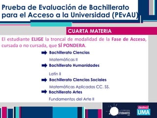 Prueba de Evaluación de Bachillerato
para el Acceso a la Universidad (PEvAU)
CUARTA MATERIA
Bachillerato Artes
Fundamentos del Arte II
Bachillerato Ciencias
Matemáticas II
Bachillerato Humanidades
Latín II
Bachillerato Ciencias Sociales
Matemáticas Aplicadas CC. SS.
El estudiante ELIGE la troncal de modalidad de la Fase de Acceso,
cursada o no cursada, que SÍ PONDERA.
 