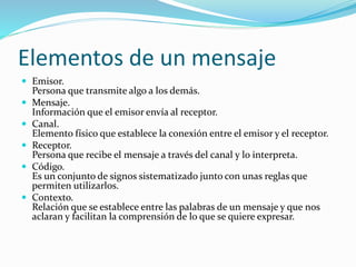 Elementos de un mensaje
 Emisor.
Persona que transmite algo a los demás.
 Mensaje.
Información que el emisor envía al receptor.
 Canal.
Elemento físico que establece la conexión entre el emisor y el receptor.
 Receptor.
Persona que recibe el mensaje a través del canal y lo interpreta.
 Código.
Es un conjunto de signos sistematizado junto con unas reglas que
permiten utilizarlos.
 Contexto.
Relación que se establece entre las palabras de un mensaje y que nos
aclaran y facilitan la comprensión de lo que se quiere expresar.
 