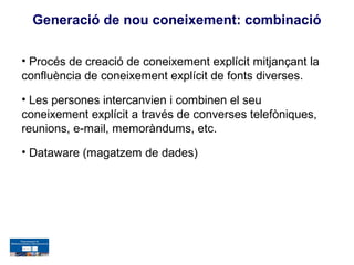 Generació de nou coneixement: combinació

• Procés de creació de coneixement explícit mitjançant la
confluència de coneixement explícit de fonts diverses.

• Les persones intercanvien i combinen el seu
coneixement explícit a través de converses telefòniques,
reunions, e-mail, memoràndums, etc.

• Dataware (magatzem de dades)
 