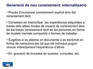 Generació de nou coneixement: internalització
• Procés d’incorporar coneixement explícit dins del
coneixement tàcit.

• Consisteix en interioritzar les experiències adquirides a
través dels altres modes de creació de coneixement dins
de les bases coneixement tàcit de les persones en forma
de models mentals compartits o formes de treballar.

• S’agilitza si es plasma en documents o es transmet en
forma de narracions per tal que els individus puguin
reviure indirectament l’experiència d’altres.

• Ex: gravació de trucades de queixes, consultes, etc.
 