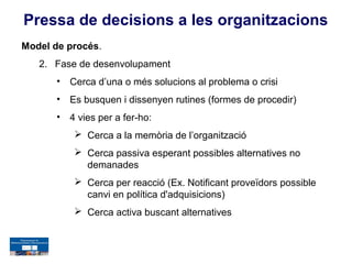 Pressa de decisions a les organitzacions
Model de procés.
   2. Fase de desenvolupament
       •   Cerca d’una o més solucions al problema o crisi
       •   Es busquen i dissenyen rutines (formes de procedir)
       •   4 vies per a fer-ho:
             Cerca a la memòria de l’organització
             Cerca passiva esperant possibles alternatives no
              demanades
             Cerca per reacció (Ex. Notificant proveïdors possible
              canvi en política d'adquisicions)
             Cerca activa buscant alternatives
 