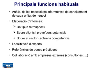 Principals funcions habituals
• Anàlisi de les necessitats informatives de coneixement
  de cada unitat de negoci
• Elaboració d’informes:
    De tipus retrospectiu
    Sobre clients i proveïdors potencials
    Sobre el sector i sobre la competència
• Localització d’experts
• Referències de bones pràctiques
• Col·laboració amb empreses externes (consultories, ...)
 
