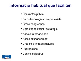 Informació habitual que faciliten

      • Contractes públic
      • Parcs tecnològics i empresarials
      • Fires i congressos
      • Caràcter sectorial i estratègic
      • Xarxes internacionals
      • Accés al finançament
      • Creació d’ infraestructures
      • Publicacions
      • Canvis legislatius
 
