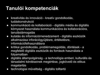 Tanulói kompetenciák
● kreativitás és innováció - kreatív gondolkodás,
tudáskonstrukció
● kommunikáció és kollaboráció - digitális média és digitális
környezet használata kommunikációra és kollaborációra,
tanulástámogatás
● kutatás és információmenedzsment - digitális eszközök
alkalmazása inforációgyűjtésre, értékelésre,
információfelhasználásra
● kritikai gondolkodás, problémamegoldás, döntések - a
megfelelő digitális eszközök és források használata a
folyamatban
● digitális állampolgárság - a technológia emberi, kulturális és
társadalmi kérdéseinek megértése, jogkövető és etikus
magatartás
● technológiai műveltség - digitális tolltartó
 