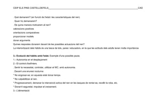CEIP ELS PINS CASTELLDEFELS________________________________________________________________________CAD



. Què demanem? (en funció de l'edat i les característiques del nen)
. Quan ho demanarem?
. De quina manera motivarem al nen?
valoracions positives
orientacions comparatives
proporcionar models
donar arguments
Quines respostes donarem davant de les possibles actuacions del nen?
La interiorització dels hàbits és una tasca de tots, pares i educadors, en la que les actituds dels adults tenen molta importància


3.- Evolució del hàbits amb l'edat. Exemple d'una possible pauta.
1.- Autonomia en el desplaçament
2.- El control d'esfínters.
. Sentir la necessitat, controlar, utilitzar el WC. amb autonomia.
. Davant una enuresi nocturna:
* No angoixar-se; en aquesta edat donar temps.
* No culpabilitzar al nen.
* Progressivament, demanar la intervenció activa del nen en les tasques de rentar-se, recollir la roba, etc.
* Donar-li seguretat, impulsar el creixement.
3.- L'alimentació
 