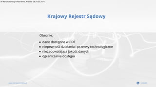 Krajowy Rejestr Sądowy
www.transparentdata.pl LinkedIn
Obecnie:
● dane dostępne w PDF
● niepewność działania i przerwy tec...