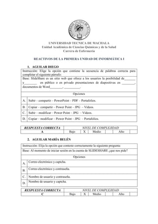 UNIVERSIDAD TECNICA DE MACHALA
Unidad Académica de Ciencias Químicas y de la Salud
Carrera de Enfermería
REACTIVOS DE LA PRIMERA UNIDAD DE INFORMÁTICA I
1. AGUILAR DIEGO
Instrucción: Elige la opción que contiene la secuencia de palabras correcta para
completar el siguiente párrafo:
Base: SlideShare es un sitio web que ofrece a los usuarios la posibilidad de_______
y________ en público o en privado presentaciones de diapositivas en ________,
documentos de Word________, __________.
Opciones
A. Subir – compartir – PowerPoint – PDF – Portafolios.
B. Copiar – compartir – Power Point – JPG – Vídeos.
C. Subir – modificar – Power Point – JPG – Vídeos.
D. Copiar – modificar – Power Point – JPG – Portafolios.
RESPUESTA CORRECTA NIVEL DE COMPLEJIDAD
A Bajo X Medio Alto
2. AGUILAR MARÍA BELÉN
Instrucción: Elija la opción que conteste correctamente la siguiente pregunta:
Base: Al momento de iniciar sesión en la cuenta de SLIDESHARE ¿que nos pide?
Opciones
A. Correo electrónico y captcha.
B. Correo electrónico y contraseña.
C. Nombre de usuario y contraseña.
D. Nombre de usuario y captcha.
RESPUESTA CORRECTA NIVEL DE COMPLEJIDAD
C Bajo X Medio Alto
 