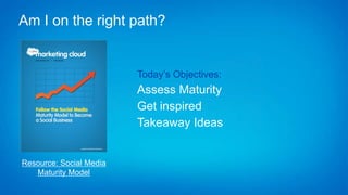 Am I on the right path?


                         Today’s Objectives:
                         Assess Maturity
                         Get inspired
                         Takeaway Ideas


Resource: Social Media
   Maturity Model
 
