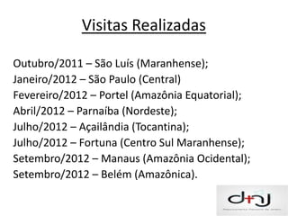 Visitas Realizadas

Outubro/2011 – São Luís (Maranhense);
Janeiro/2012 – São Paulo (Central)
Fevereiro/2012 – Portel (Amazônia Equatorial);
Abril/2012 – Parnaíba (Nordeste);
Julho/2012 – Açailândia (Tocantina);
Julho/2012 – Fortuna (Centro Sul Maranhense);
Setembro/2012 – Manaus (Amazônia Ocidental);
Setembro/2012 – Belém (Amazônica).
 