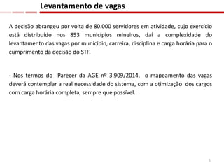 A decisão abrangeu por volta de 80.000 servidores em atividade, cujo exercício
está distribuído nos 853 municípios mineiros, daí a complexidade do
levantamento das vagas por município, carreira, disciplina e carga horária para o
cumprimento da decisão do STF.
- Nos termos do Parecer da AGE nº 3.909/2014, o mapeamento das vagas
deverá contemplar a real necessidade do sistema, com a otimização dos cargos
com carga horária completa, sempre que possível.
Levantamento de vagas
5
 