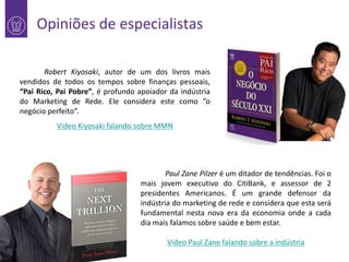 Opiniões de especialistas
Robert Kiyosaki, autor de um dos livros mais
1vendidos de todos os tempos sobre finanças pessoais,
“Pai Rico, Pai Pobre”, é profundo apoiador da indústria
do Marketing de Rede. Ele considera este como “o
negócio perfeito”.
Vídeo Kiyosaki falando sobre MMN

Paul Zane Pilzer é um ditador de tendências. Foi o
mais jovem executivo do CitiBank, e assessor de 2
presidentes Americanos. É um grande defensor da
indústria do marketing de rede e considera que esta será
fundamental nesta nova era da economia onde a cada
dia mais falamos sobre saúde e bem estar.
Vídeo Paul Zane falando sobre a indústria

 