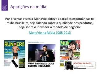 Aparições na mídia
Por diversas vezes a MonaVie obteve aparições espontâneas na
1 mídia Brasileira, seja falando sobre a qualidade dos produtos,
seja sobre o inovador o modelo de negócio:
MonaVie na Mídia 2008-2013

 